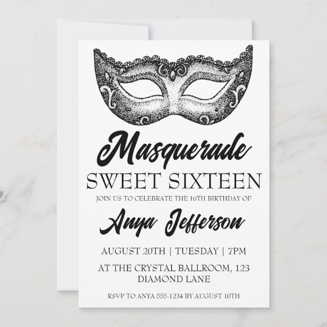 modern masquerade sweet 16 invitations (Front)