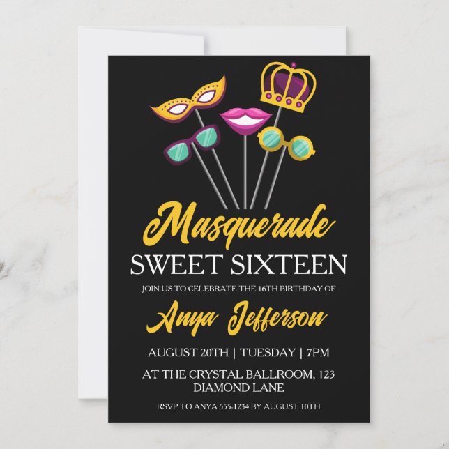 modern masquerade sweet 16 invitations (Front)