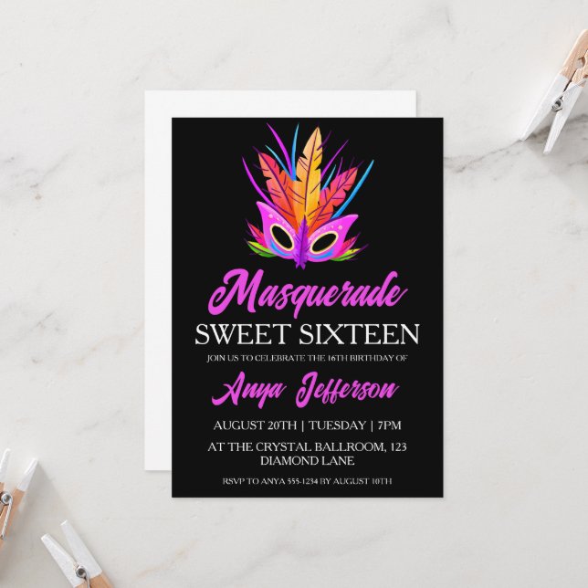 modern masquerade sweet 16 invitations (Front/Back In Situ)
