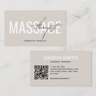 Modern massage therapist QR Code beige Business Card