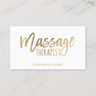 Modern massage therapist script gold foil white business card
