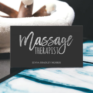 Modern massage therapist script silver foil business card