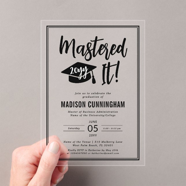 Modern Mastered It Master's Degree Graduation  Acrylic Invitations (Insitu (Handheld))
