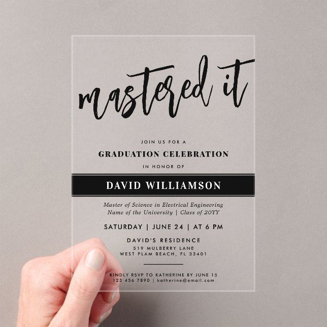 Modern Master's Degree Graduation Mastered it Acrylic Invitations (Insitu (Handheld))