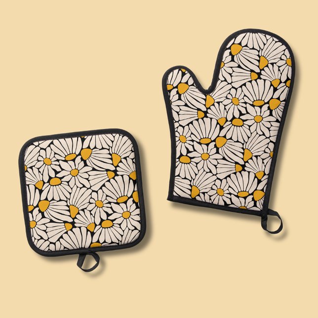 Modern matisse inspired floral retro oven mitt & pot holder set (Retro floral daisy dream oven glove mitt and pot holder.)