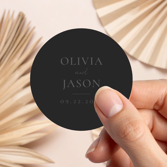 Modern Matte Black Minimal Wedding Classic Round Sticker (Creator Uploaded)