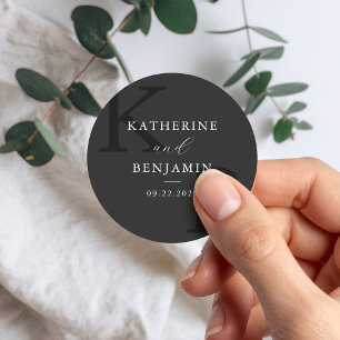 Modern Matte Black Monogram Minimalist Wedding Classic Round Sticker