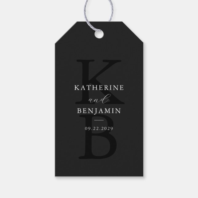 Modern Matte Black Monogram Minimalist Wedding Gift Tags (Front)