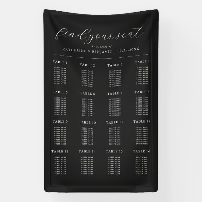 Modern Matte Black Wedding Seating Chart Banner (Vertical)