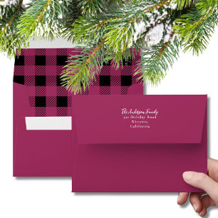 Modern Mauve & Black Christmas Buffalo Plaid Envelope