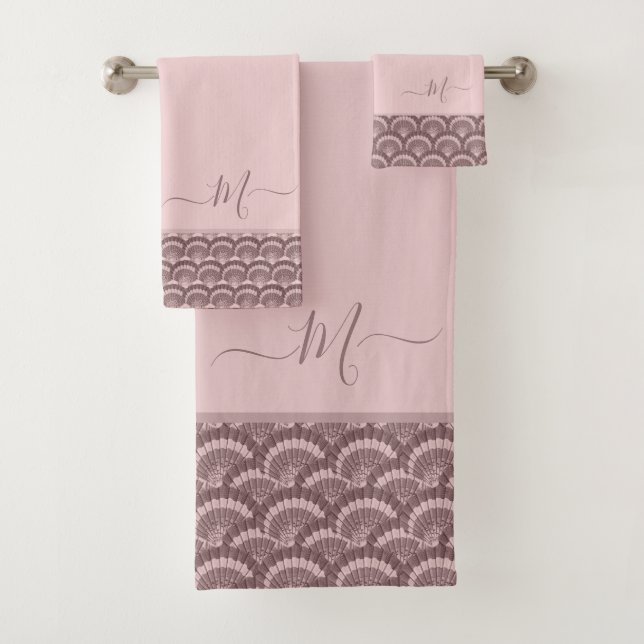 Modern Mauve Dusty Rose Pink Seashell Shell  Bath Towel Set (Insitu)