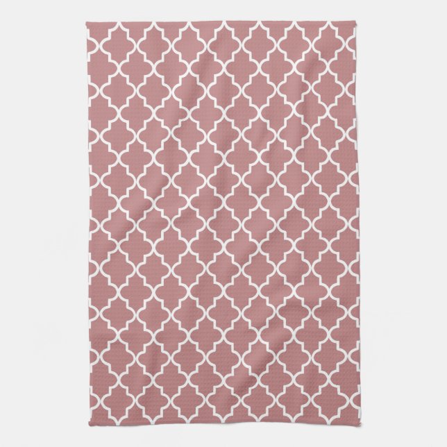 Modern Mauve Pink and White Moroccan Quatrefoil Tea Towel (Vertical)