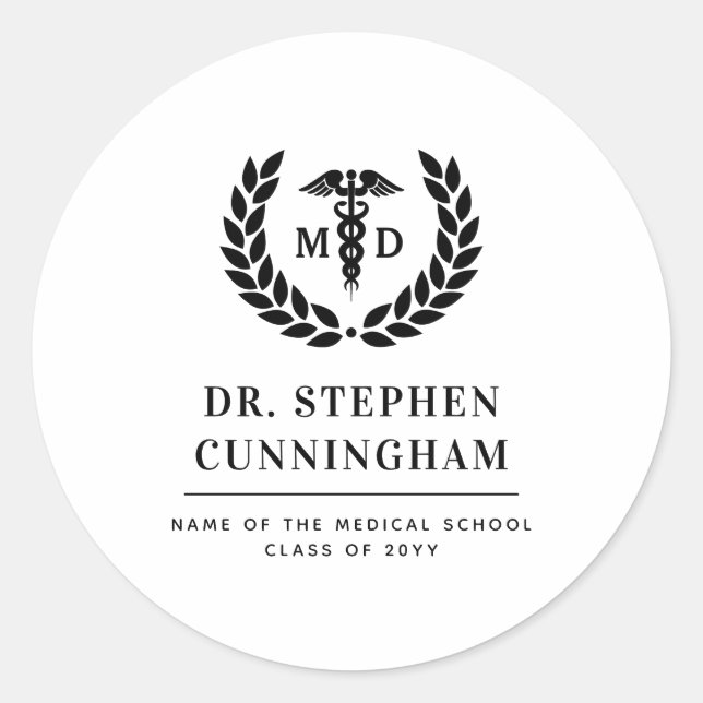 Modern MD Doctor of Medicine Med School Graduation Classic Round Sticker (Front)