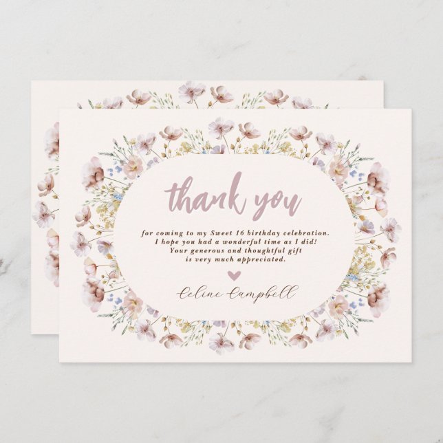 Modern Meadow Wildflower Sweet 16 Birthday Thank You Card (Front/Back)