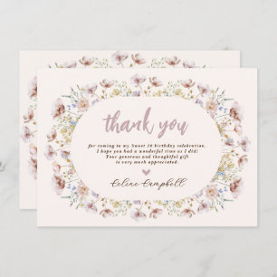Modern Meadow Wildflower Sweet 16 Birthday Thank You Card