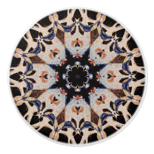Modern Mediaeval Mandala Mosaic Tile Cream Blue Ceramic Knob