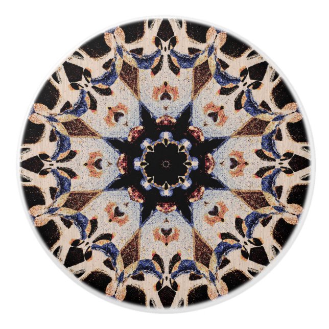 Modern Mediaeval Mandala Mosaic Tile Cream Blue Ceramic Knob (Front)
