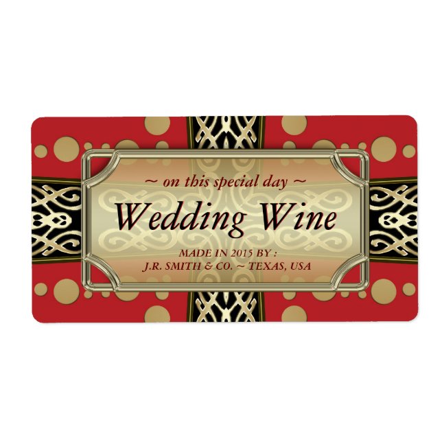 Modern Mediaeval Wedding  Red Gold WineLabels (Front)