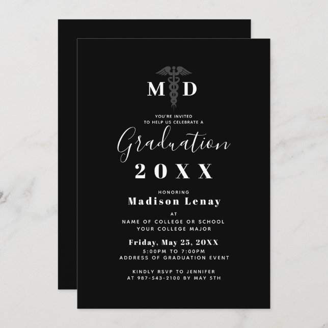 Modern Medical Doctor MD Black White Graduation Invitation (Front/Back)