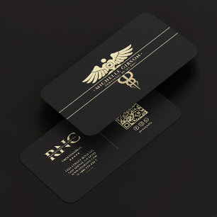 Modern Medical Doctor Monogram Caduceus Black Gold Business Card
