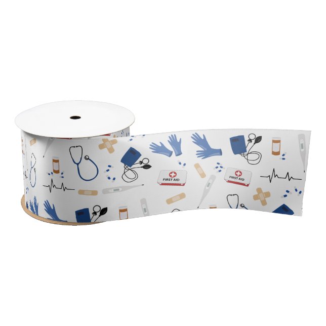 Modern Medical Doctor Nurse Pattern Satin Ribbon (Spool)