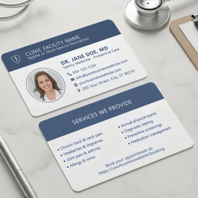 Modern Medical Doctor Photo Clinical Navy Blue Business Card (Creator Uploaded)