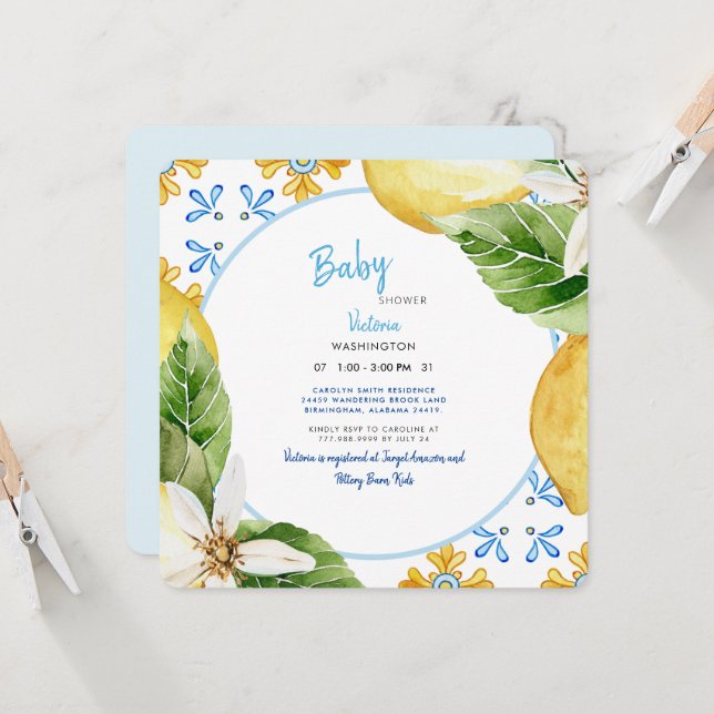 Modern Mediterranean Blue & Lemons Baby Shower Inv Invitation (Front/Back In Situ)