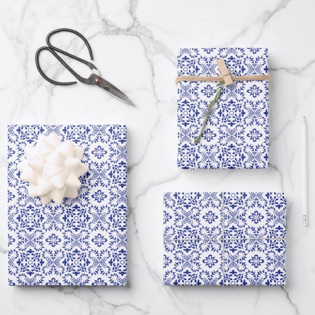 Modern Mediterranean Blue Mosaic Wedding Wrapping Paper Sheet (Front)