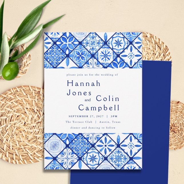 Modern Mediterranean Blue Tile Wedding Invitation (Creator Uploaded)