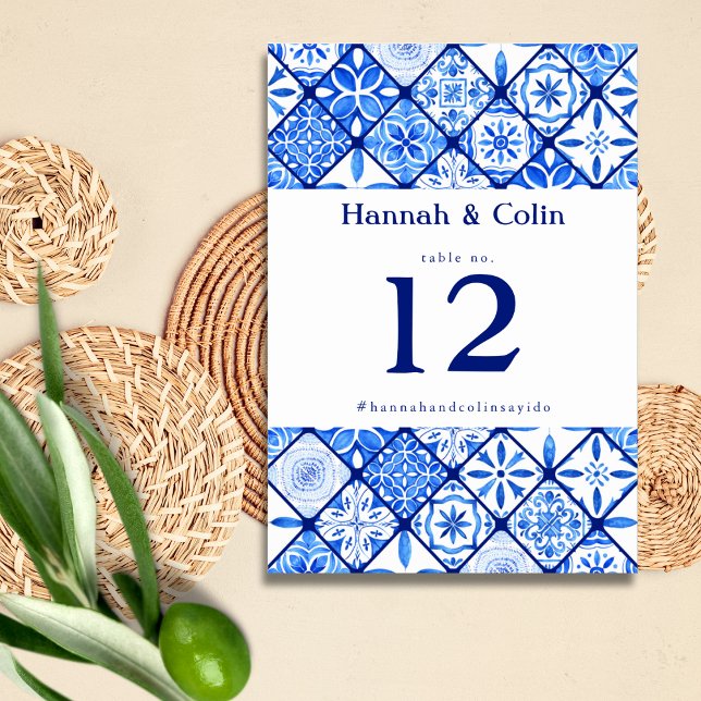 Modern Mediterranean Blue Tile Wedding Table Number (Creator Uploaded)