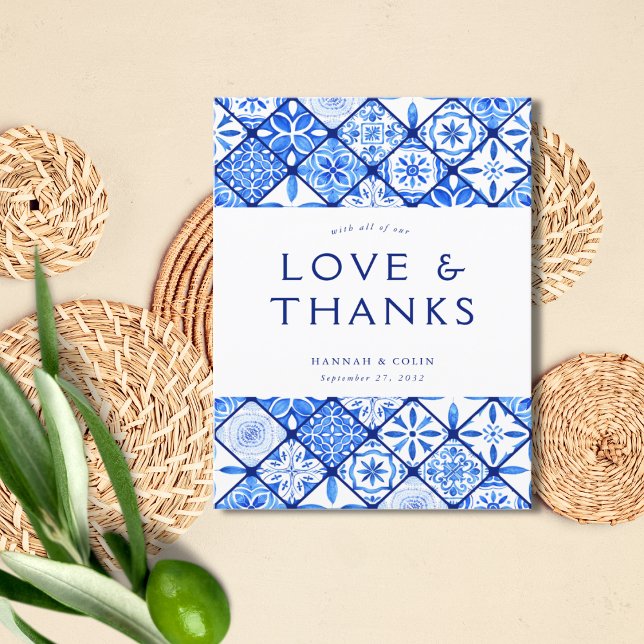Modern Mediterranean Blue Tile Wedding Thank You Card (Creator Uploaded)