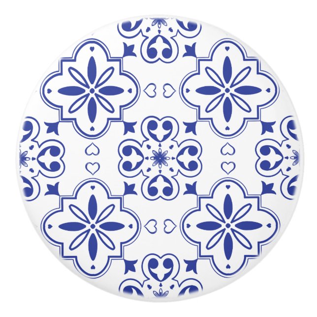 Modern Mediterranean Blue White Seamless Pattern Ceramic Knob (Front)