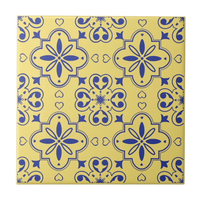 Modern Mediterranean Blue Yellow Seamless Pattern Ceramic Tile (Front)