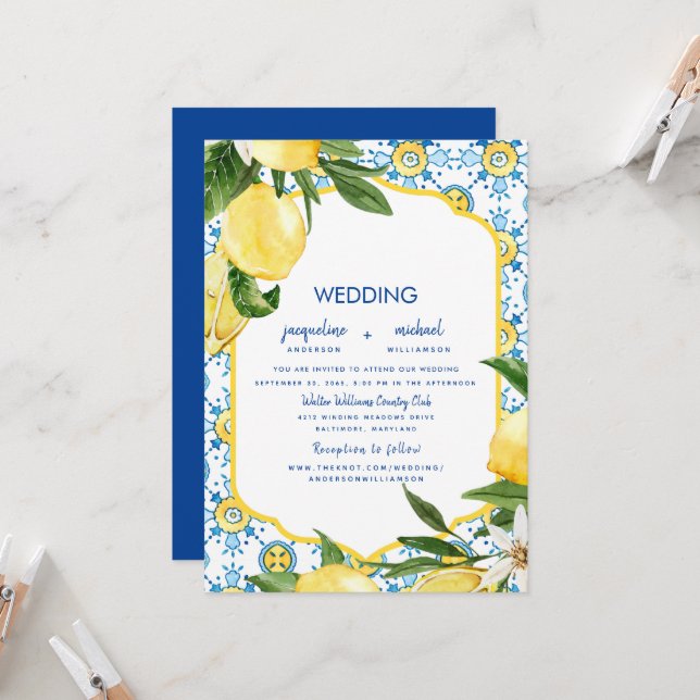 Modern Mediterranean Cobalt Blue & Lemons Wedding  Invitation (Front/Back In Situ)