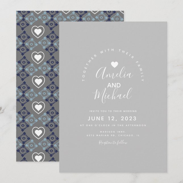 Modern Mediterranean Heart Wedding Grey Invitation (Front/Back)