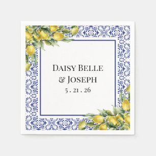 Modern Mediterranean Lemon Blue Mosaic Wedding Napkin
