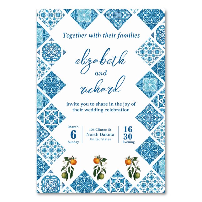 Modern Mediterranean Lemon Blue Tile Wedding Table Number (Front)