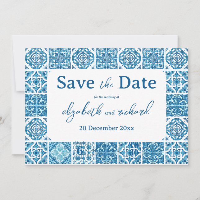 Modern Mediterranean Lemon Blue Tiles Wedding Save The Date (Front)