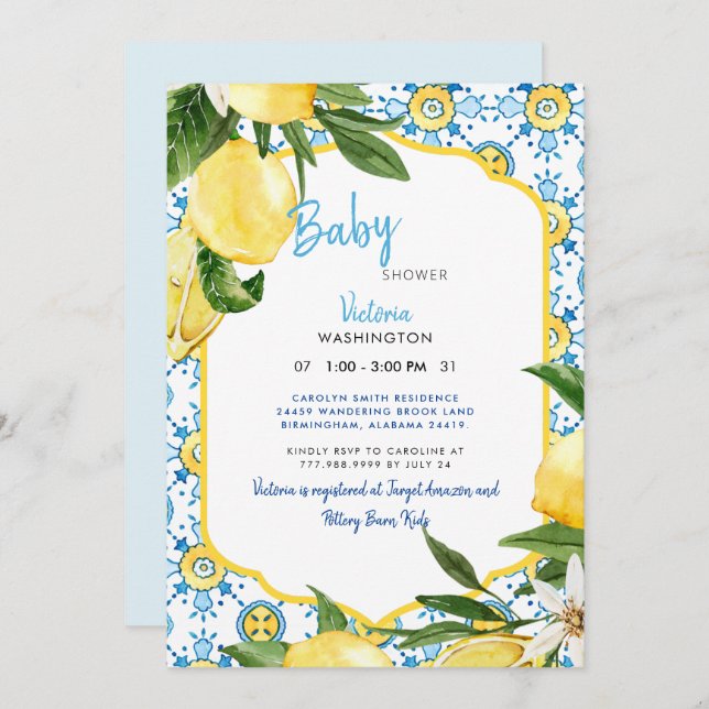 Modern Mediterranean Lemons & Blue Baby Shower  Invitation (Front/Back)