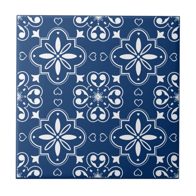 Modern Mediterranean Navy Blue White Pattern Ceramic Tile (Front)