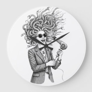 Modern Medusa Using Hair Dryer Funny Mythology Ill Large Clock