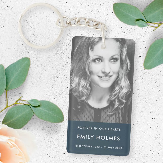 Modern Memorial | Navy Blue Funeral Photo Key Ring (Creator Uploaded)