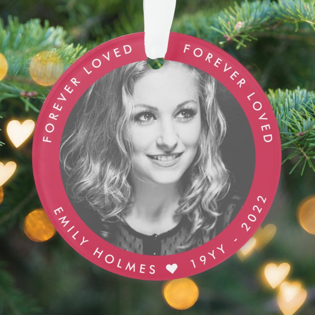 Modern Memorial | Pink Forever Loved Photo Tribute Ornament (Creator Uploaded)