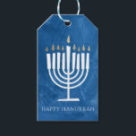 Modern Menorah Blue Hanukkah Gift Tag<br><div class="desc">This Happy Hanukkah gift tag features modern and fun menorah illustration that stands out against a textured background on blue (or ANY COLOR of your choice using the "customise it" button!). The backer is white with personalizable text in the "from" area for handy, pre-printed tags or you can clear the...</div>