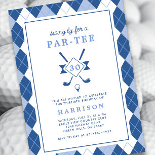 Modern Mens 30th Birthday Argyle Blue Golf Invitation