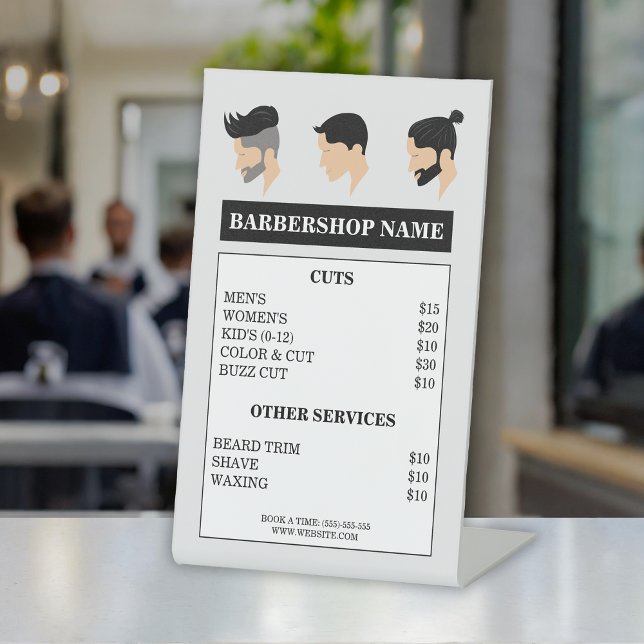Modern Men's Hair Styles Drawing Barbershop Menu Pedestal Sign (Creator Uploaded)