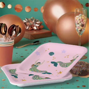 Modern Mermaid Siren Theme Illustration Print Pink Paper Plate
