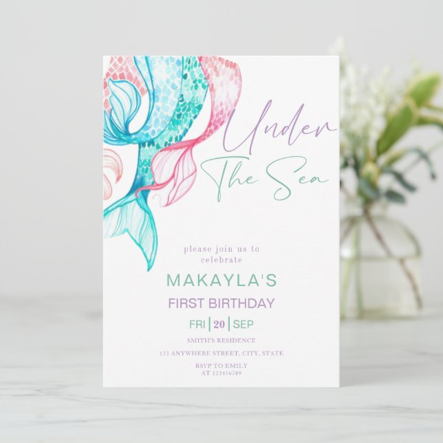 Modern Mermaid Under the Sea Birthday Invitation (Standing Front)