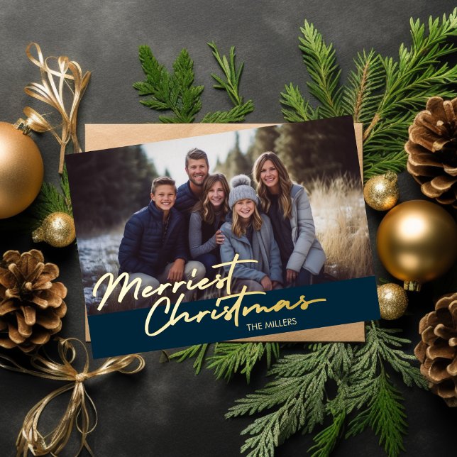 Modern Merriest Christmas 1 Photo Navy Plaid Foil Holiday Card (Modern Merriest Christmas 1 Photo Navy Plaid Foil Holiday Card)