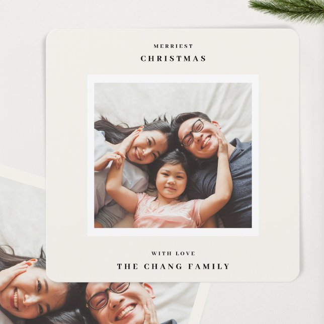 Modern Merriest Christmas Beige Frame Photo Square Holiday Card (Creator Uploaded)